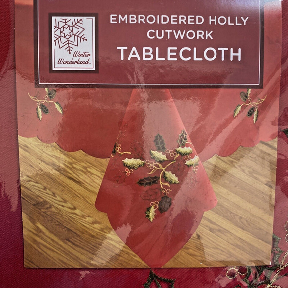 NEW Embroidered Christmas Holiday Tablecloth Red Holly Cutwork Festive 70” Round - Picture 2 of 8